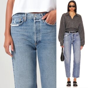 Agolde 90s Crop Hooked 26 Blue Straight Leg Jeans Distressed Organic Cotton Jean
